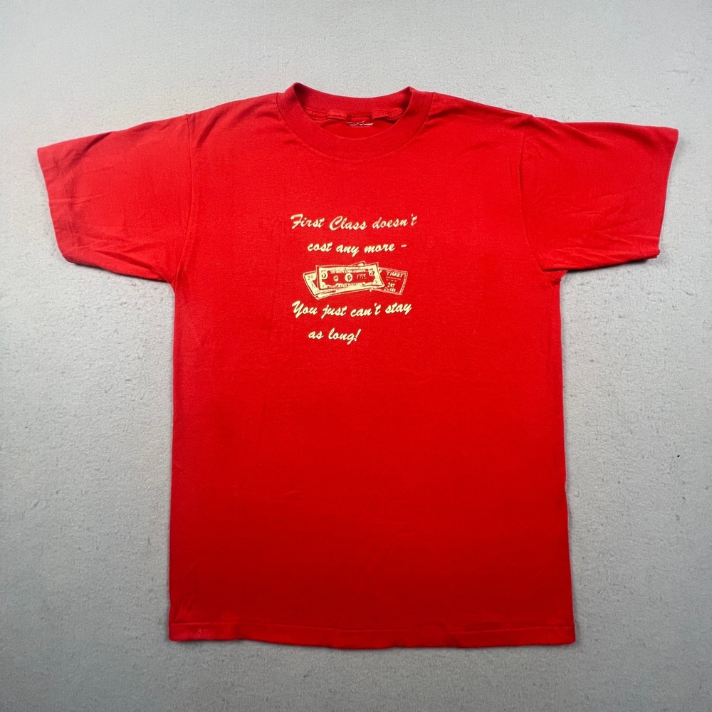 Humorous Single Stitch Vintage T-Shirt Mens M First Class Shiny Gold Text Money